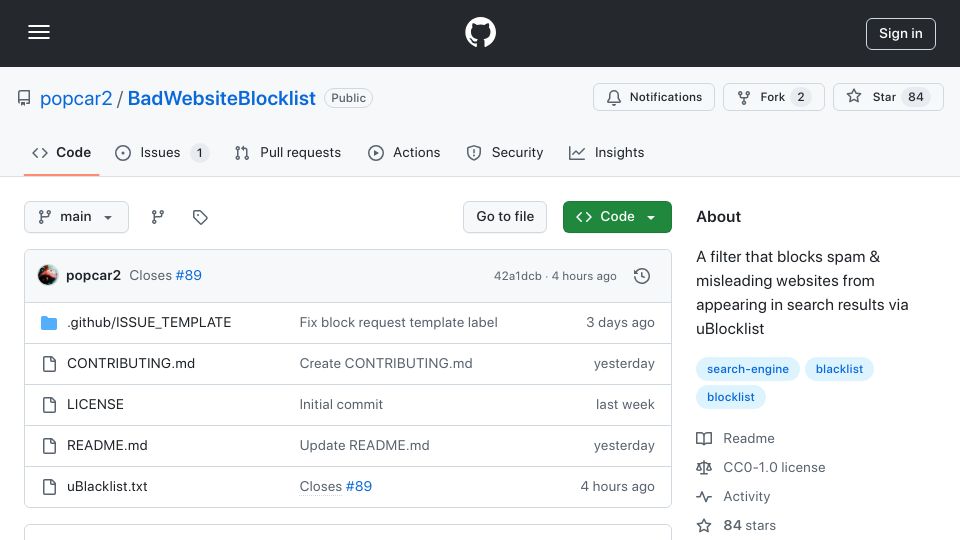 Screenshot of github.com: Show HN: A blocklist to remove spam and bad websites from search results