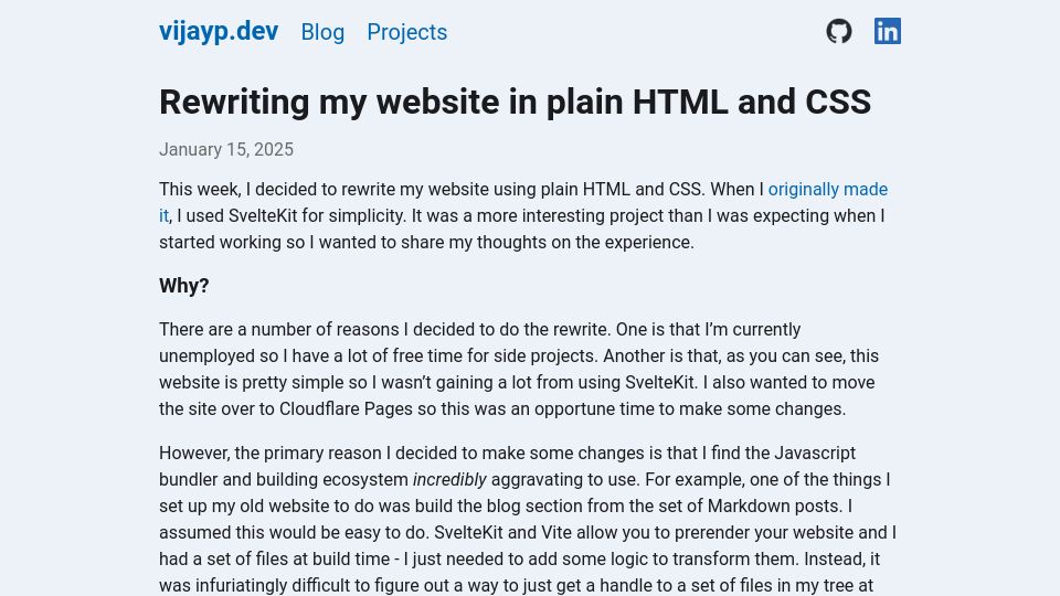 Screenshot of vijayp.dev: Rewriting my website in plain HTML and CSS