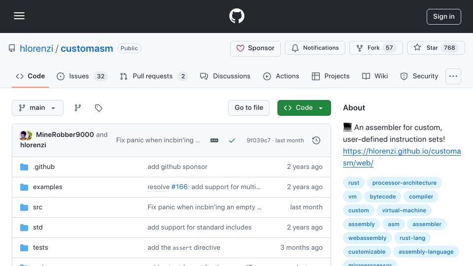 Screenshot of github.com: Customasm – An assembler for custom, user-defined instruction sets