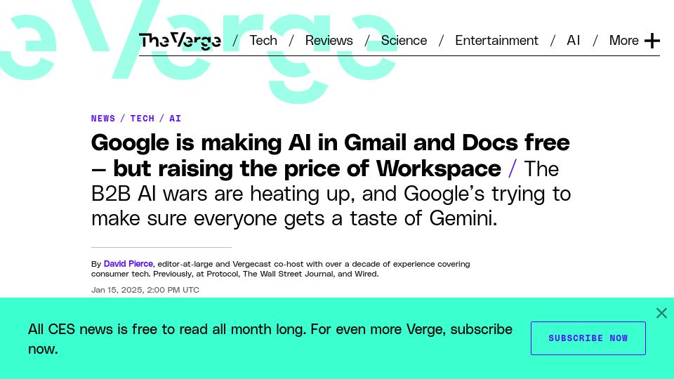 Screenshot of theverge.com: Google is making AI in Gmail and Docs free, but raising the price of Workspace