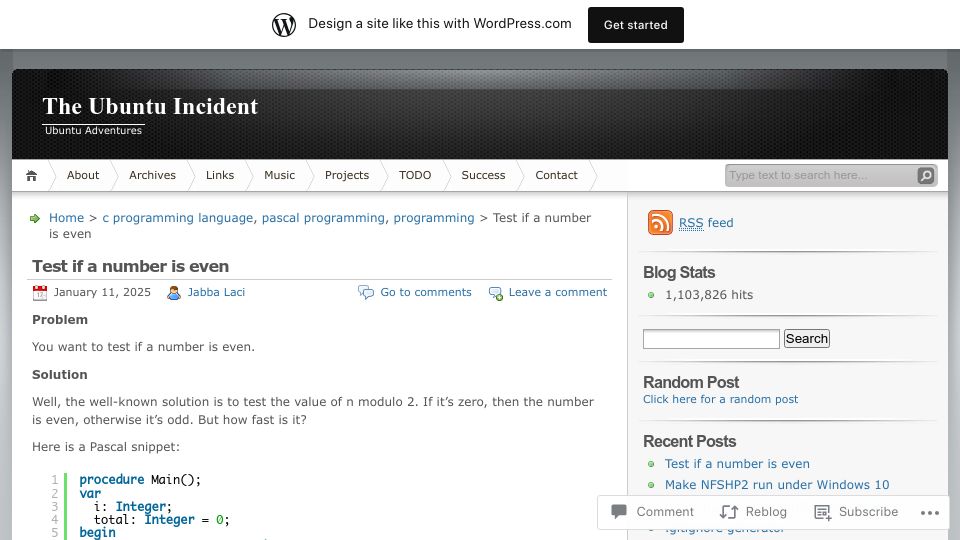 Screenshot of ubuntuincident.wordpress.com: Test if a number is even