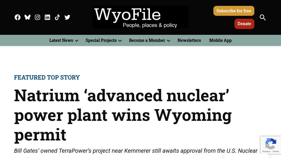 Screenshot of wyofile.com: Natrium 'advanced nuclear' power plant wins Wyoming permit
