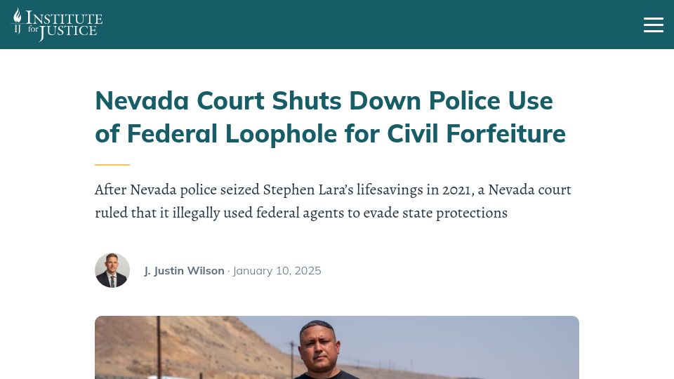 Screenshot of ij.org: Nevada Court Shuts Down Police Use of Federal Loophole for Civil Forfeiture
