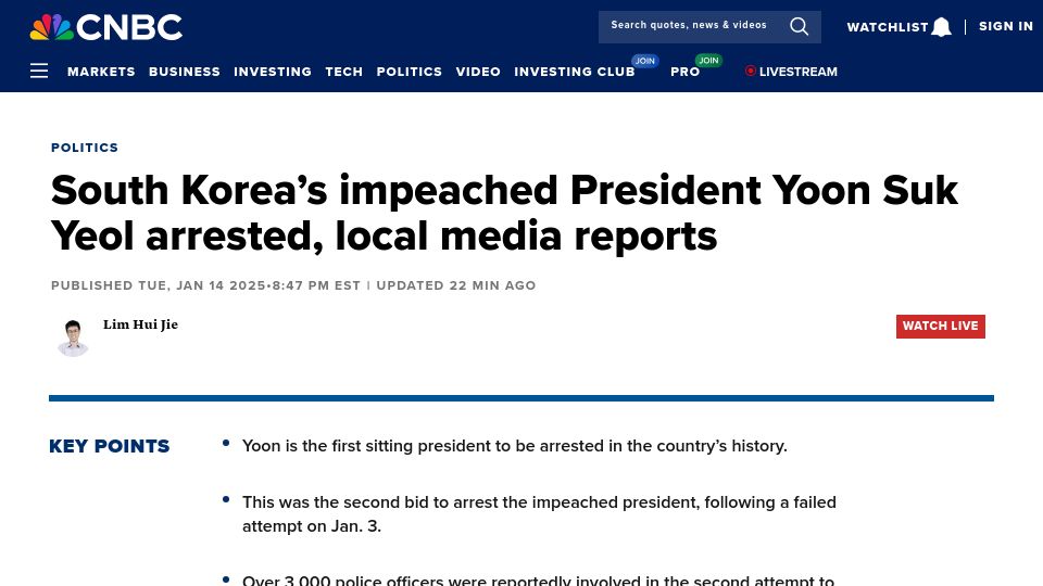 Screenshot of cnbc.com: South Korea's impeached President Yoon Suk Yeol arrested, local media reports