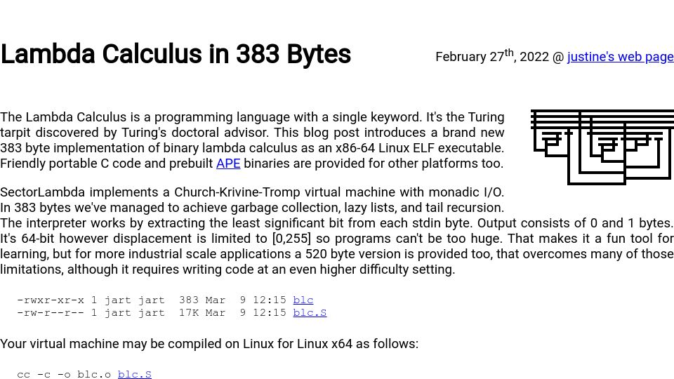 Screenshot of justine.lol: Lambda Calculus in 383 Bytes (2022)