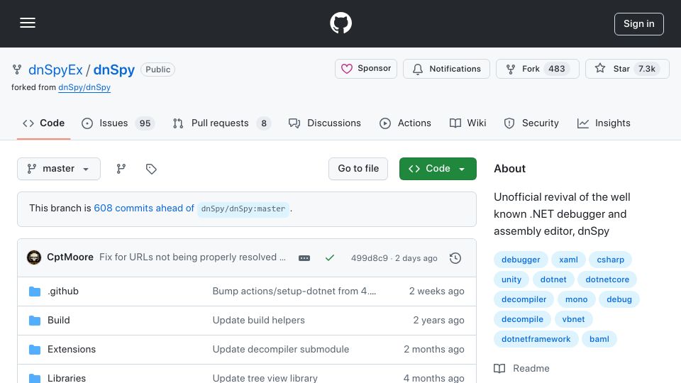 Screenshot of github.com: dnSpyEx: .NET debugger and assembly editor