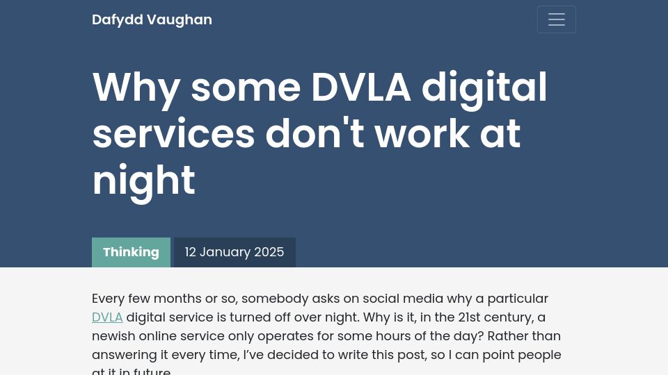 Screenshot of dafyddvaughan.uk: Why some DVLA digital services don't work at night