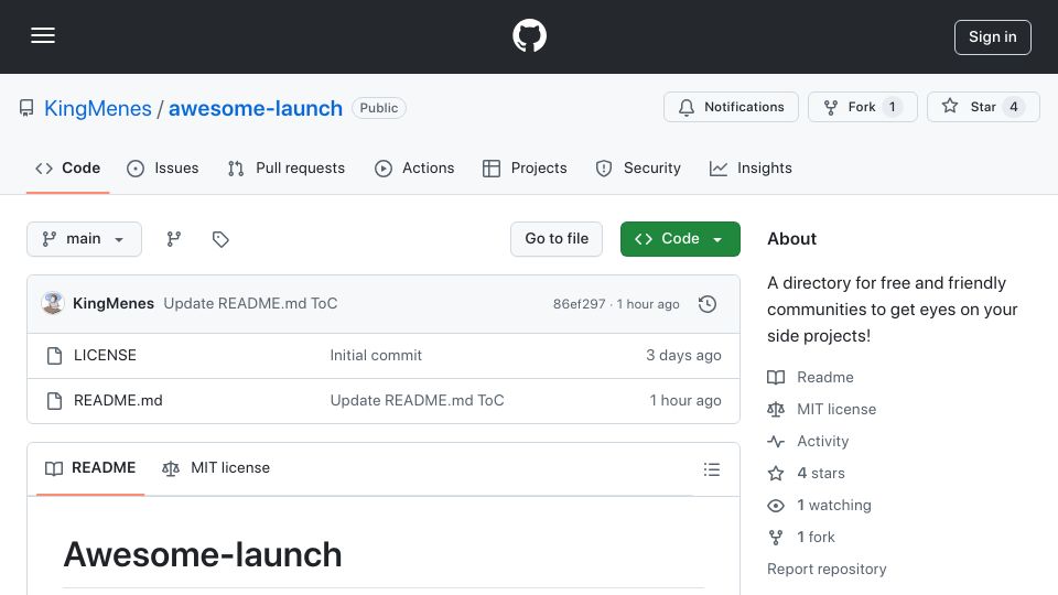 Screenshot of github.com: Show HN: I made an open source directory of where to showoff your projects