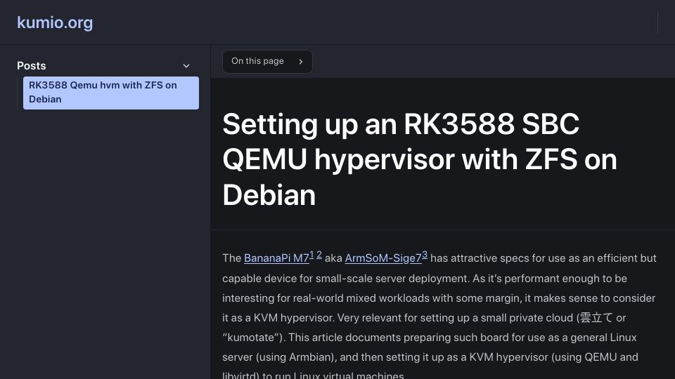 Screenshot of blog.kumio.org: Setting Up an RK3588 SBC QEMU Hypervisor with ZFS on Debian