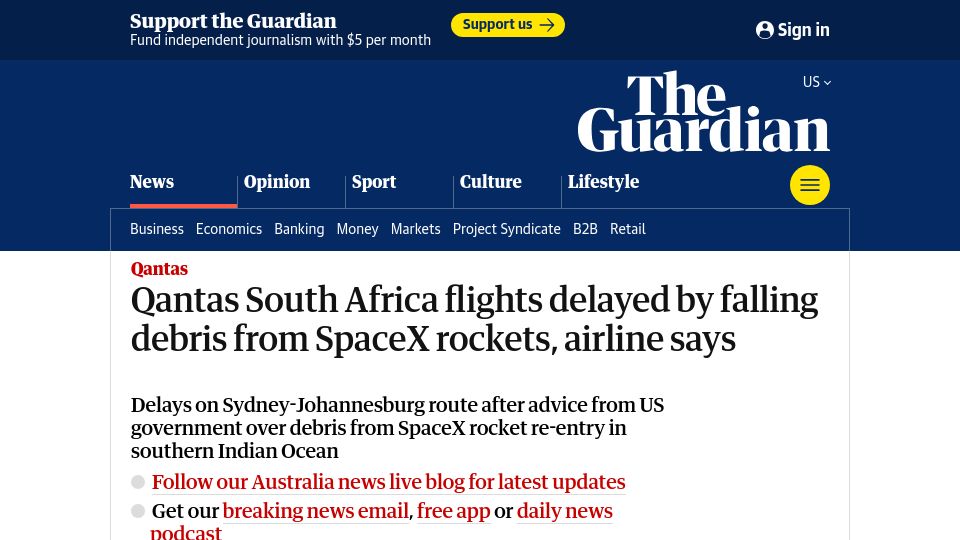 Screenshot of theguardian.com: Qantas South Africa flights delayed by falling debris from SpaceX rockets