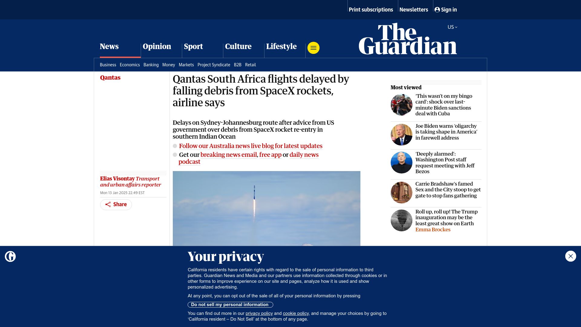 Screenshot of theguardian.com: Qantas South Africa flights delayed by falling debris from SpaceX rockets