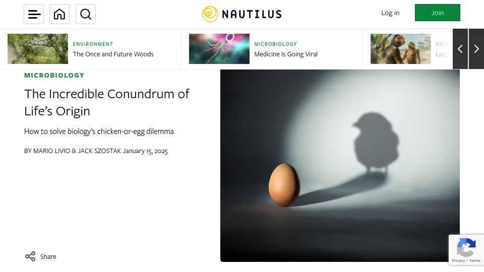 Screenshot of nautil.us: The Conundrum of Life's Origin
