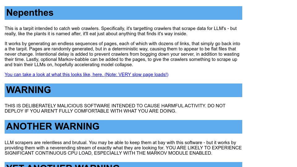 Screenshot of zadzmo.org: Nepenthes is a tarpit to catch AI web crawlers