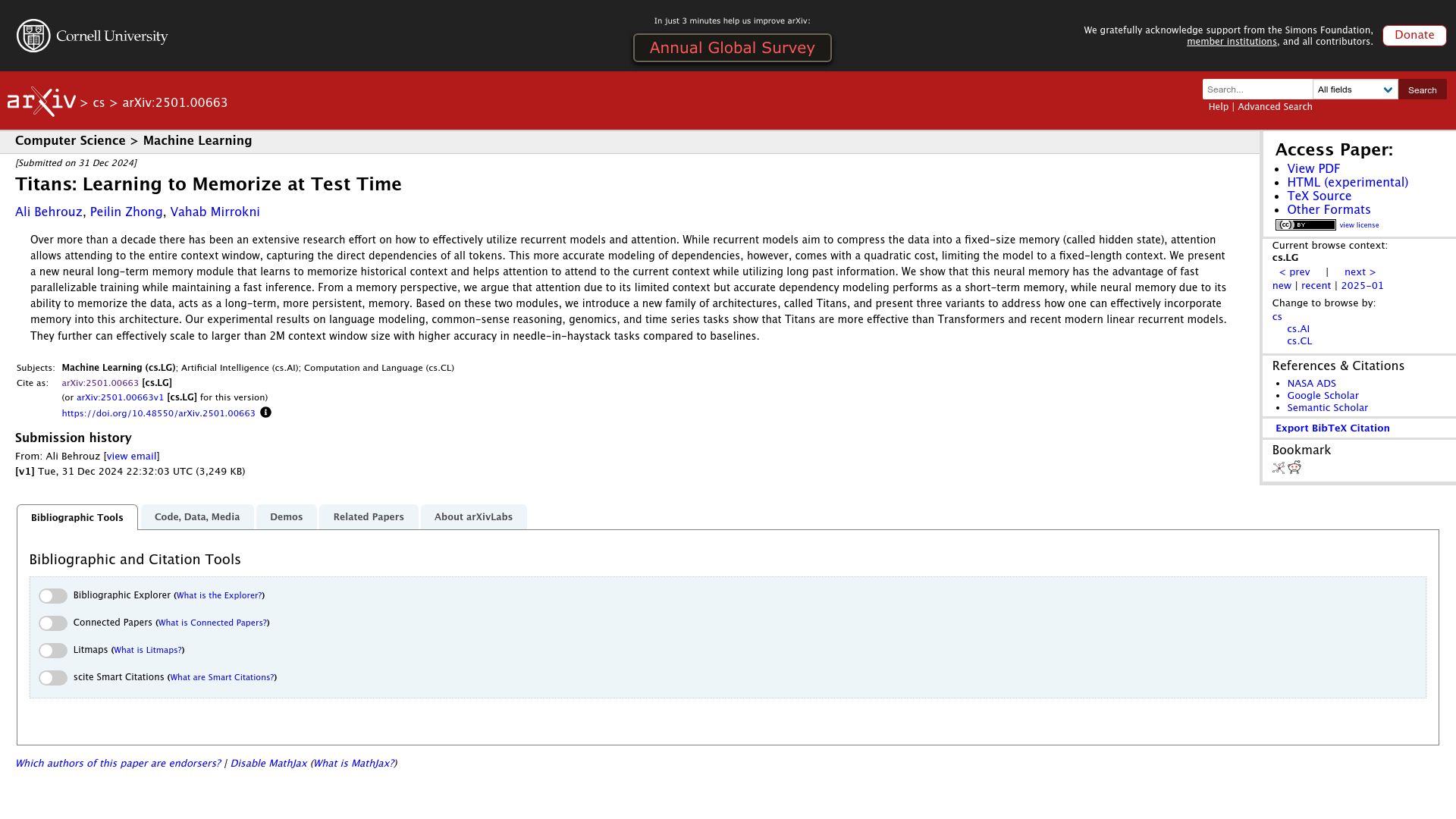 Screenshot of arxiv.org: Titans: Learning to Memorize at Test Time