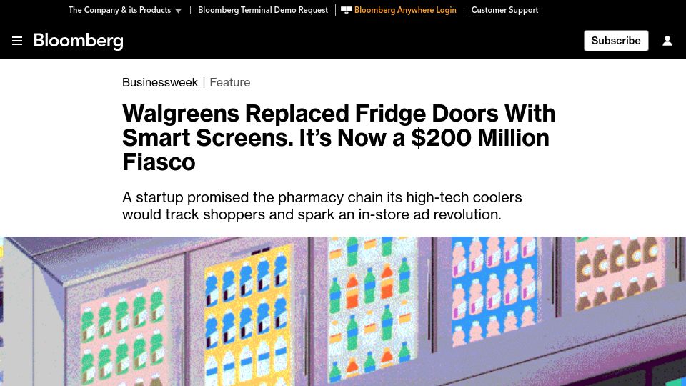 Screenshot of bloomberg.com: Walgreens replaced fridge doors with smart screens. It's now a $200M fiasco