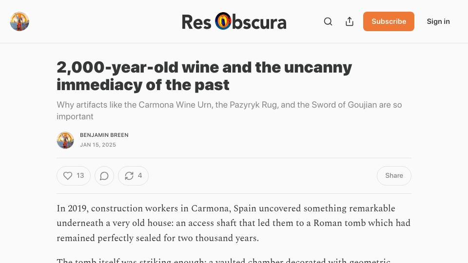 Screenshot of resobscura.substack.com: 2k-year-old wine and the uncanny immediacy of the past