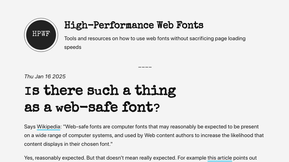 Screenshot of highperformancewebfonts.com: Is there such a thing as a web-safe font?