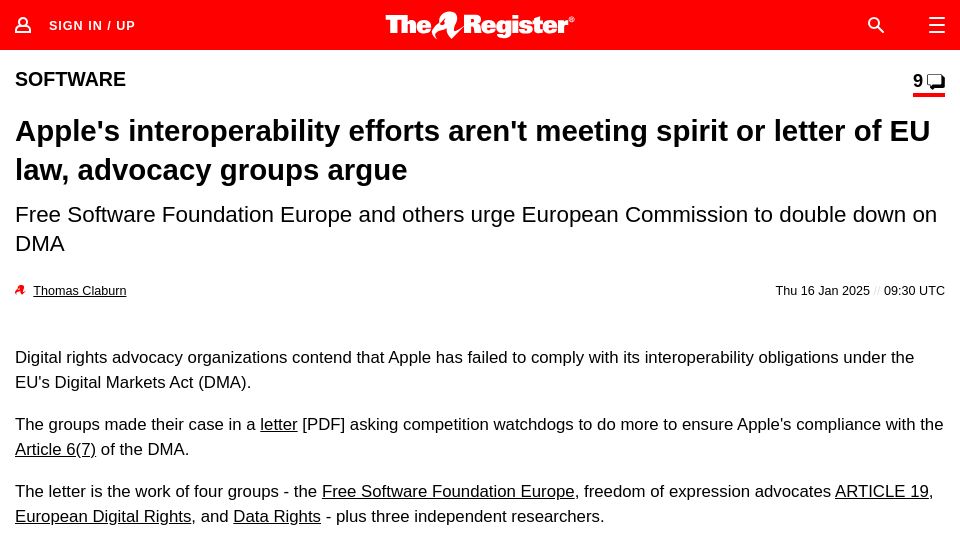 Screenshot of theregister.com: Apple's interoperability efforts aren't meeting spirit or letter of EU law