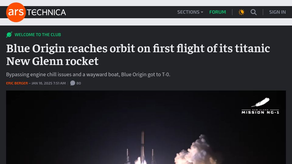 Screenshot of arstechnica.com: Blue Origin reaches orbit on first flight of its titanic New Glenn rocket
