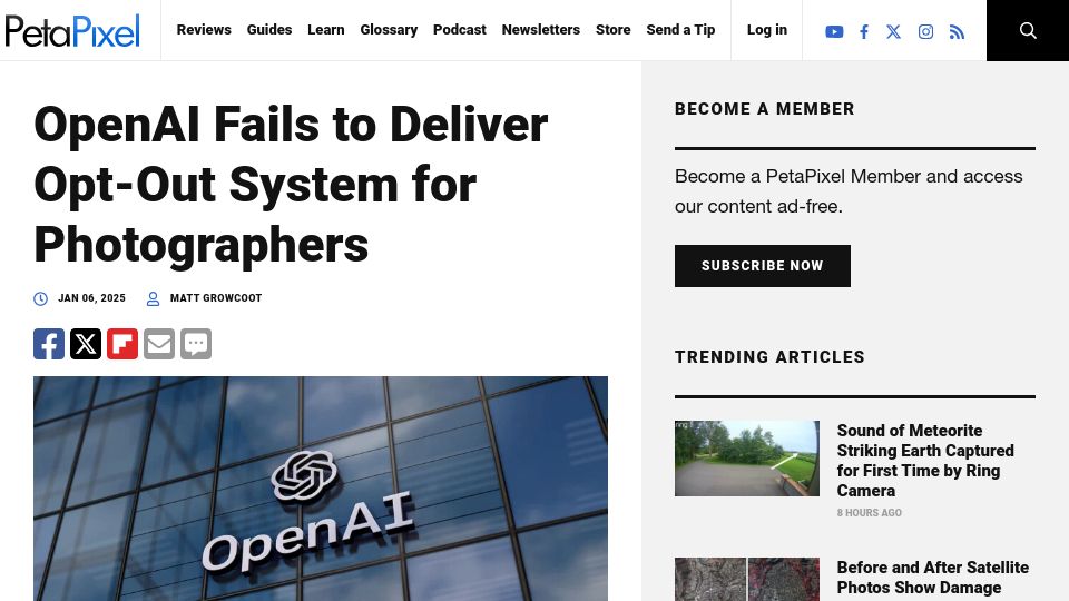 Screenshot of petapixel.com: OpenAI Fails to Deliver Opt-Out System for Photographers