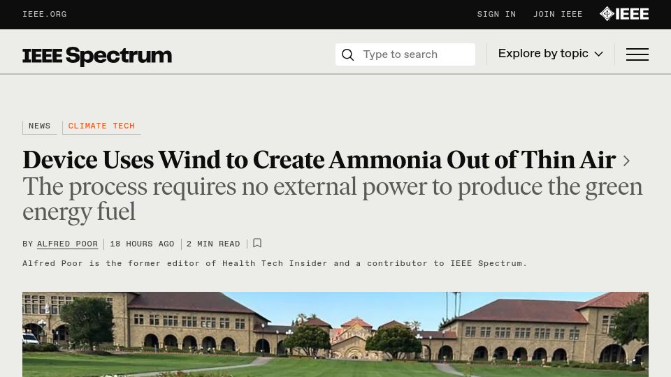 Screenshot of spectrum.ieee.org: Device uses wind to create ammonia out of air