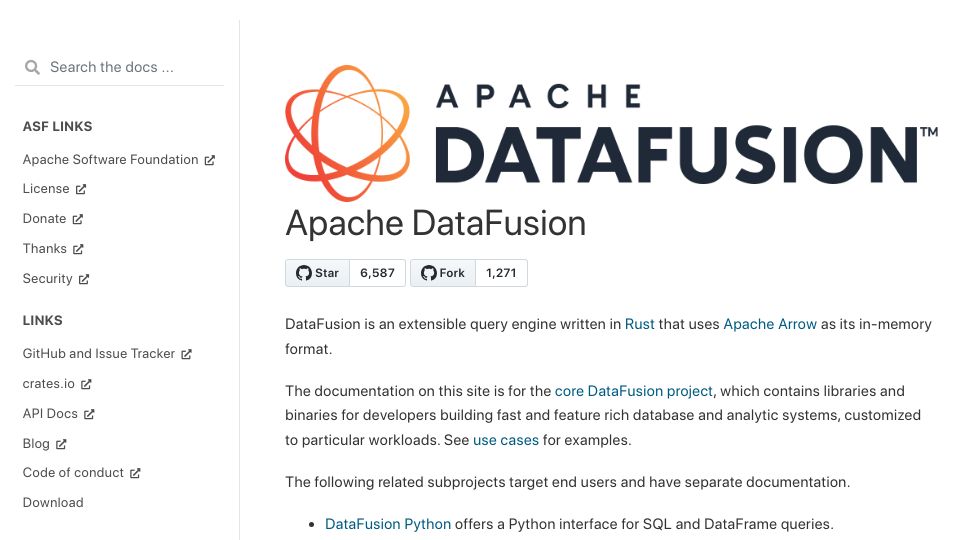 Screenshot of datafusion.apache.org: Apache DataFusion
