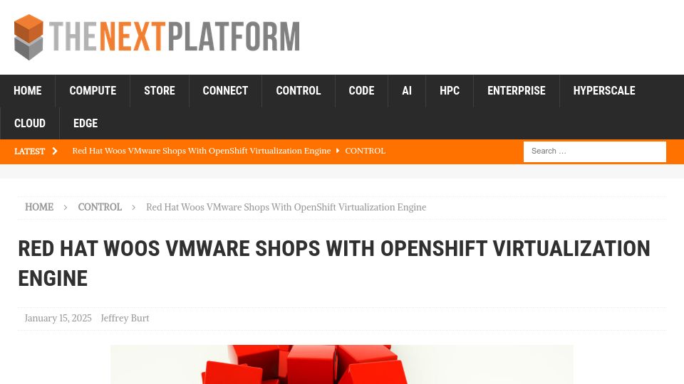 Screenshot of nextplatform.com: Red Hat Woos VMware Shops with OpenShift Virtualization Engine