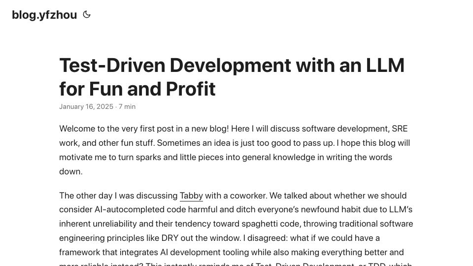 Screenshot of blog.yfzhou.fyi: Test-driven development with an LLM for fun and profit