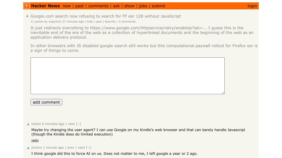 Screenshot of Hacker News post: Google.com search now refusing to search for FF esr 128 without JavaScript