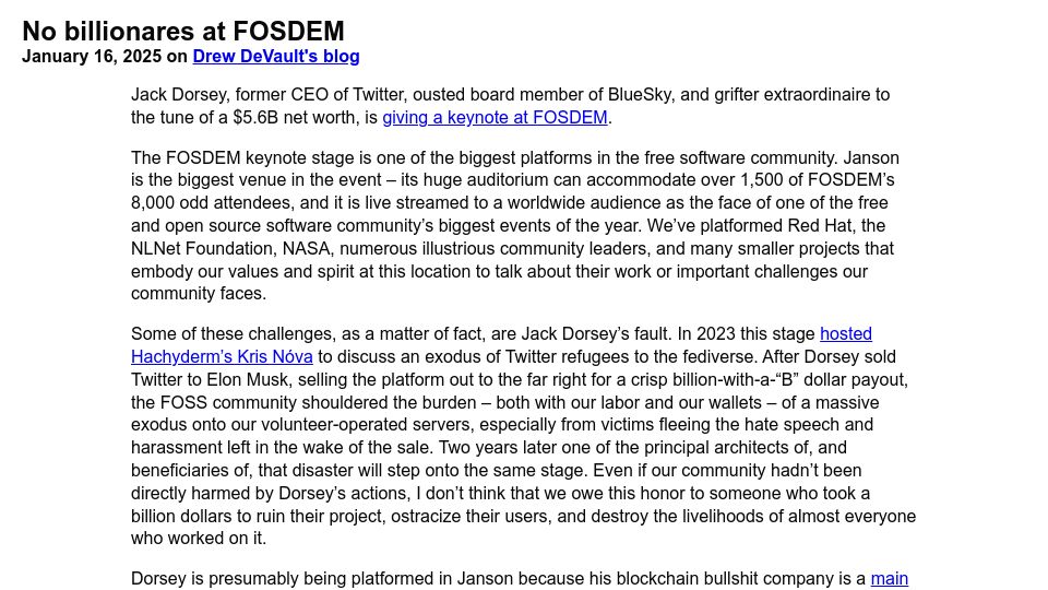 Screenshot of drewdevault.com: No Billionares at FOSDEM