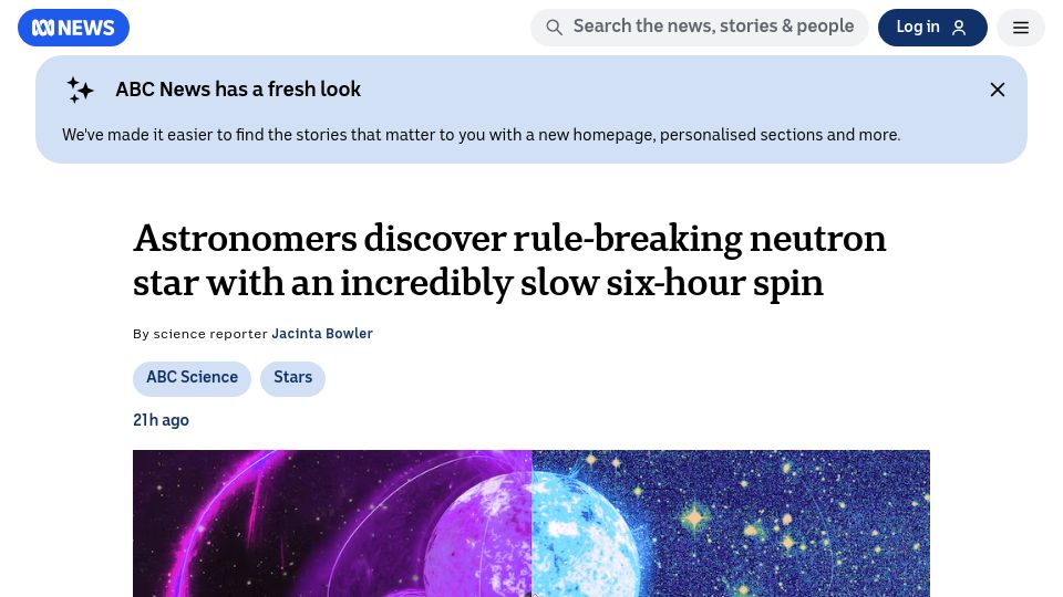 Screenshot of abc.net.au: Astronomers discover neutron star with an incredibly slow six-hour spin