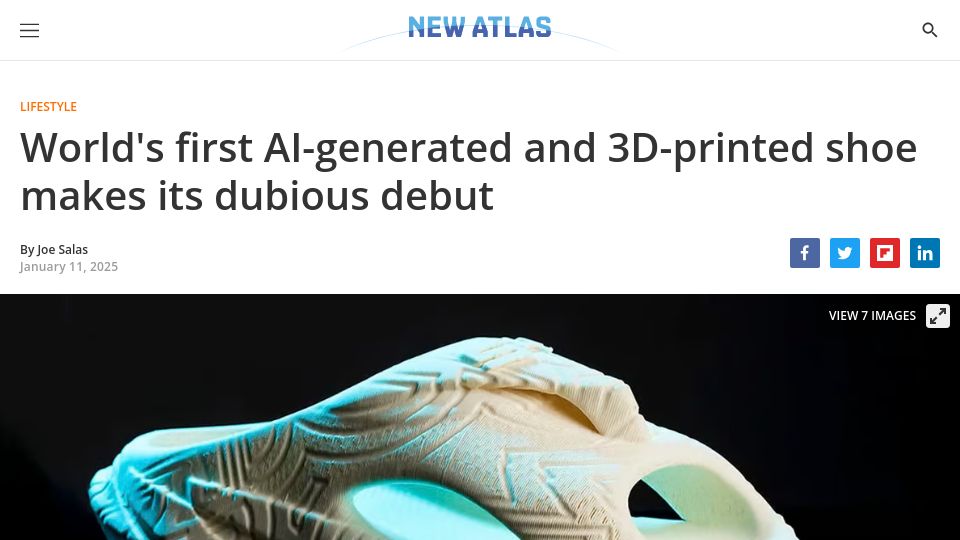 Screenshot of newatlas.com: First AI-generated and 3D-printed shoe makes its dubious debut