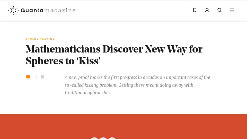 Screenshot of quantamagazine.org: Mathematicians discover new way for spheres to 'kiss'