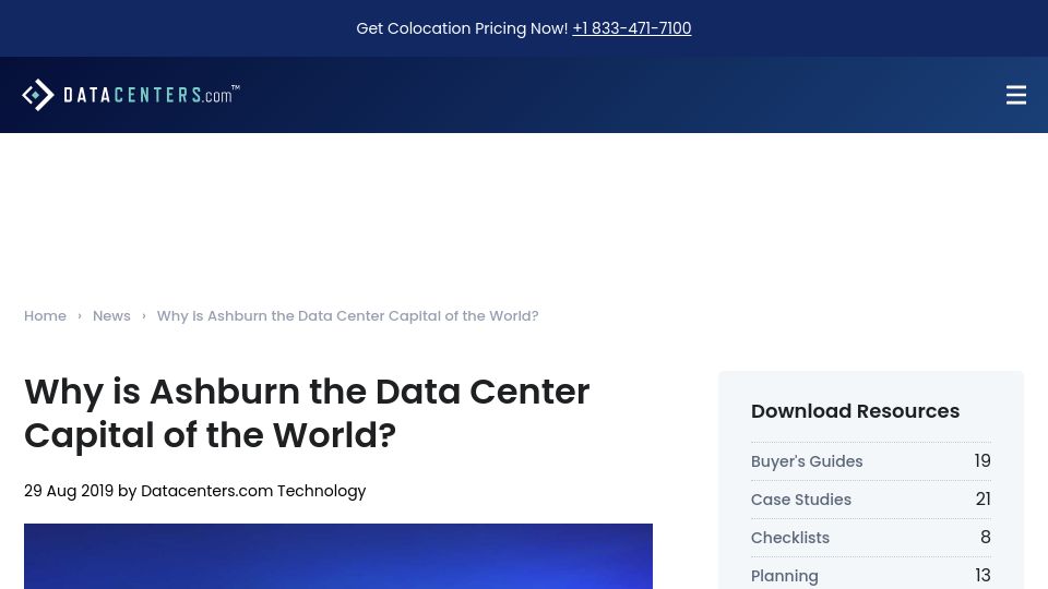 Screenshot of datacenters.com: Why is Ashburn the data center capital of the world?