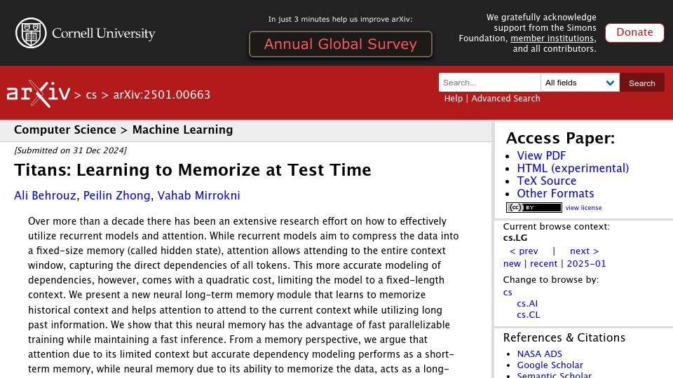 Screenshot of arxiv.org: Titans: Learning to Memorize at Test Time