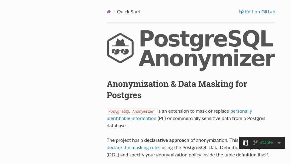 Screenshot of postgresql-anonymizer.readthedocs.io: PostgreSQL Anonymizer