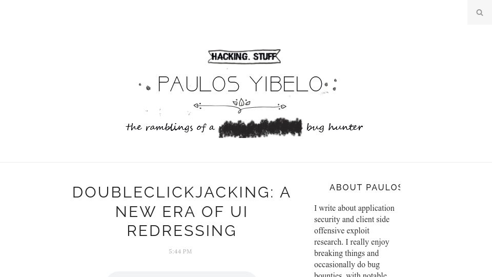 Screenshot of paulosyibelo.com: DoubleClickjacking: A New type of web hacking technique