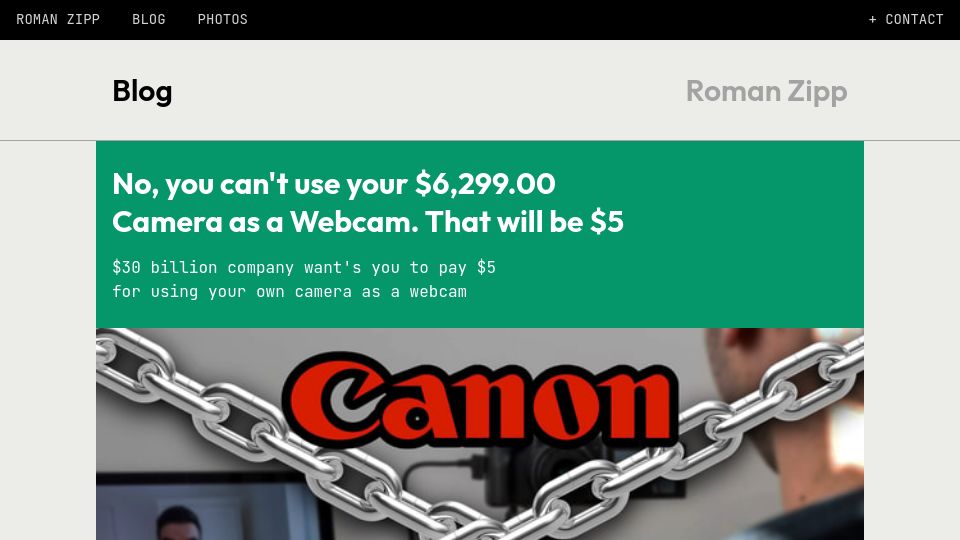 Screenshot of romanzipp.com: Canon wants us to pay for using our own camera as a webcam