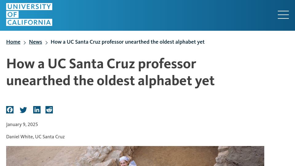 Screenshot of universityofcalifornia.edu: A UC Santa Cruz professor unearthed the oldest alphabet yet