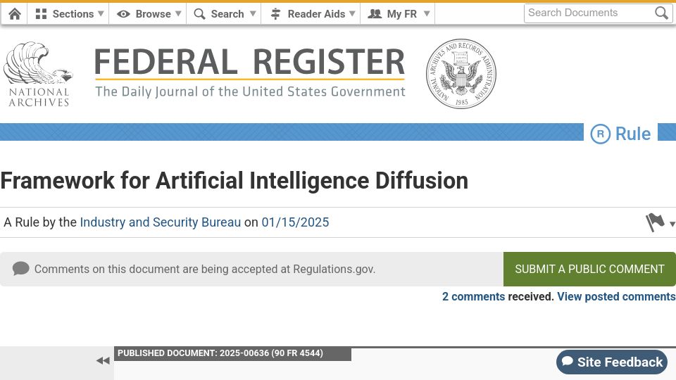 Screenshot of federalregister.gov: Framework for Artificial Intelligence Diffusion