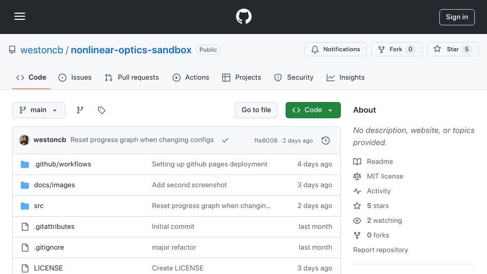 Screenshot of github.com: Show HN: Real-time nonlinear optics simulation (JS/GLSL)