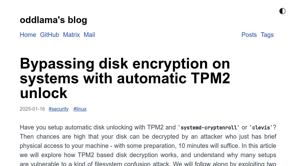 Screenshot of oddlama.org: Bypassing disk encryption on systems with automatic TPM2 unlock