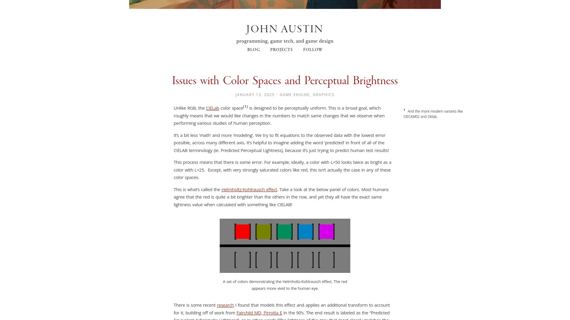 Screenshot of johnaustin.io: Issues with Color Spaces and Perceptual Brightness
