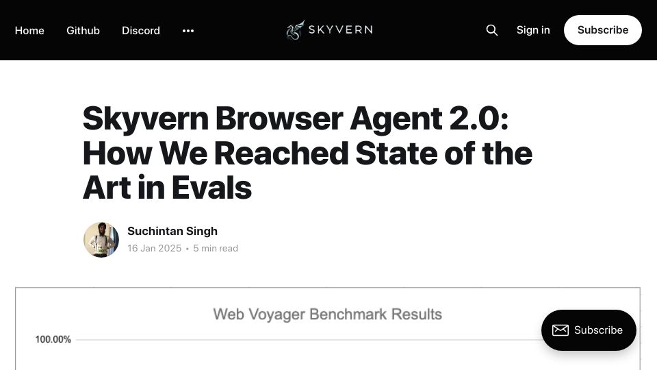 Screenshot of blog.skyvern.com: Skyvern Browser Agent 2.0: How We Reached State of the Art in Evals