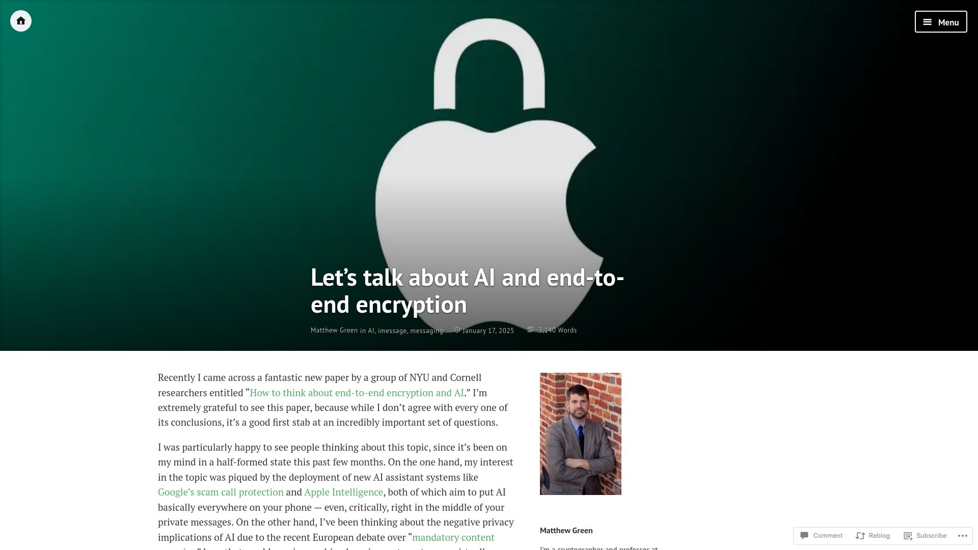 Screenshot of blog.cryptographyengineering.com: Let's talk about AI and end-to-end encryption