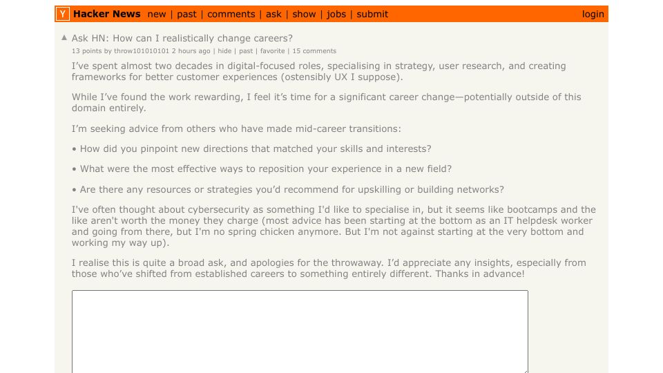 Screenshot of Hacker News post: Ask HN: How can I realistically change careers?