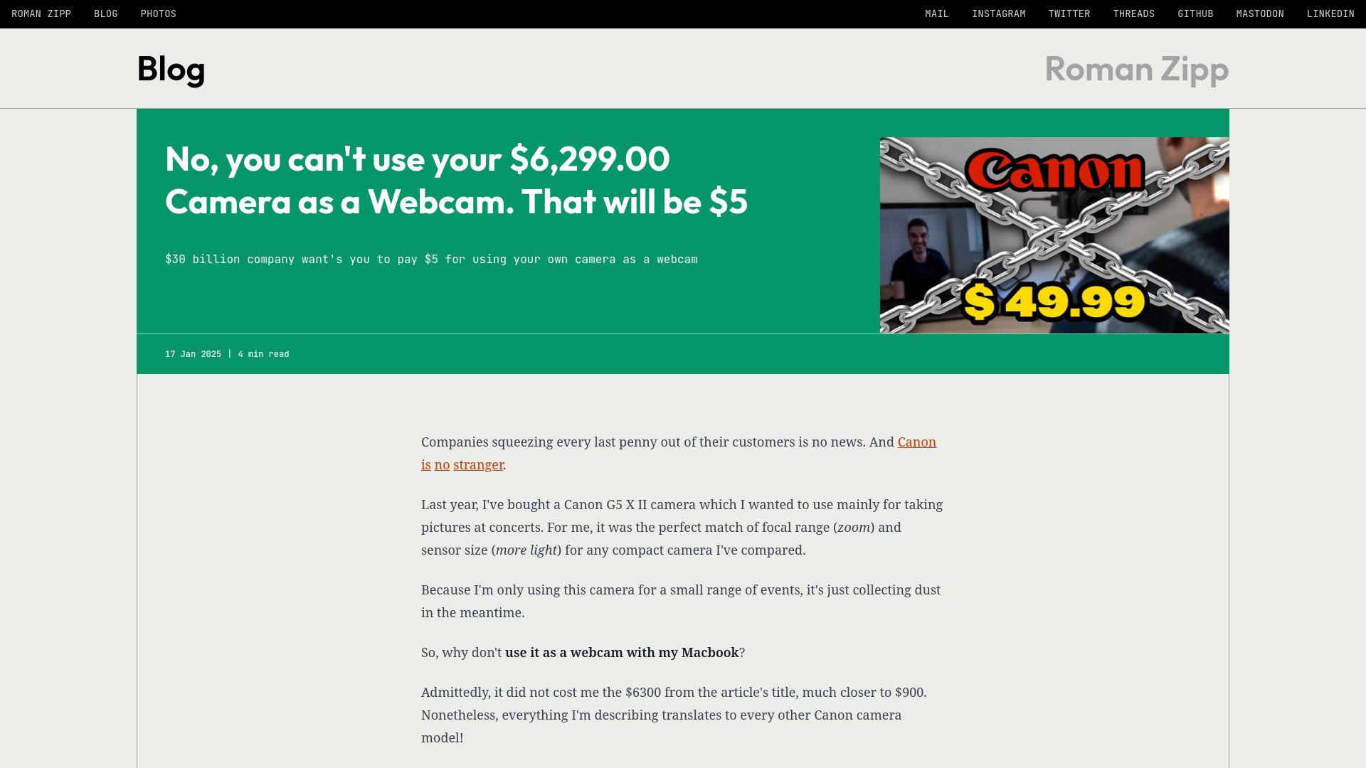 Screenshot of romanzipp.com: Canon wants us to pay for using our own camera as a webcam