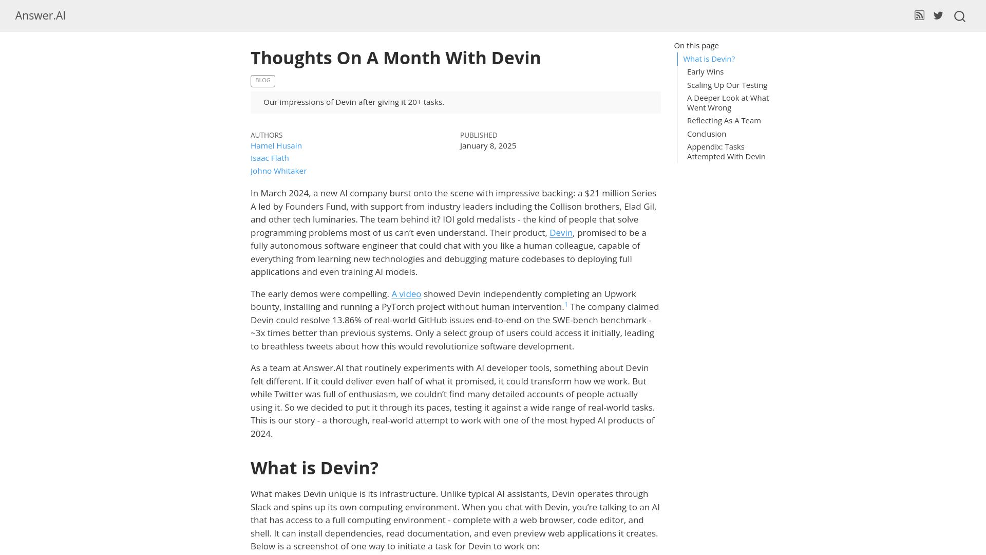 Screenshot of answer.ai: Thoughts on a Month with Devin