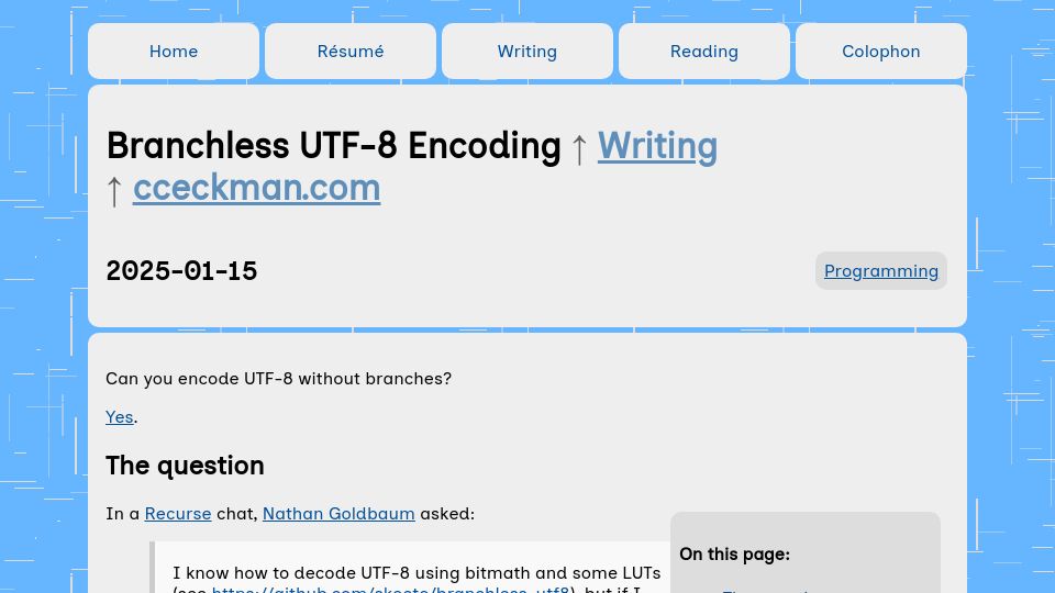Screenshot of cceckman.com: Branchless UTF-8 Encoding