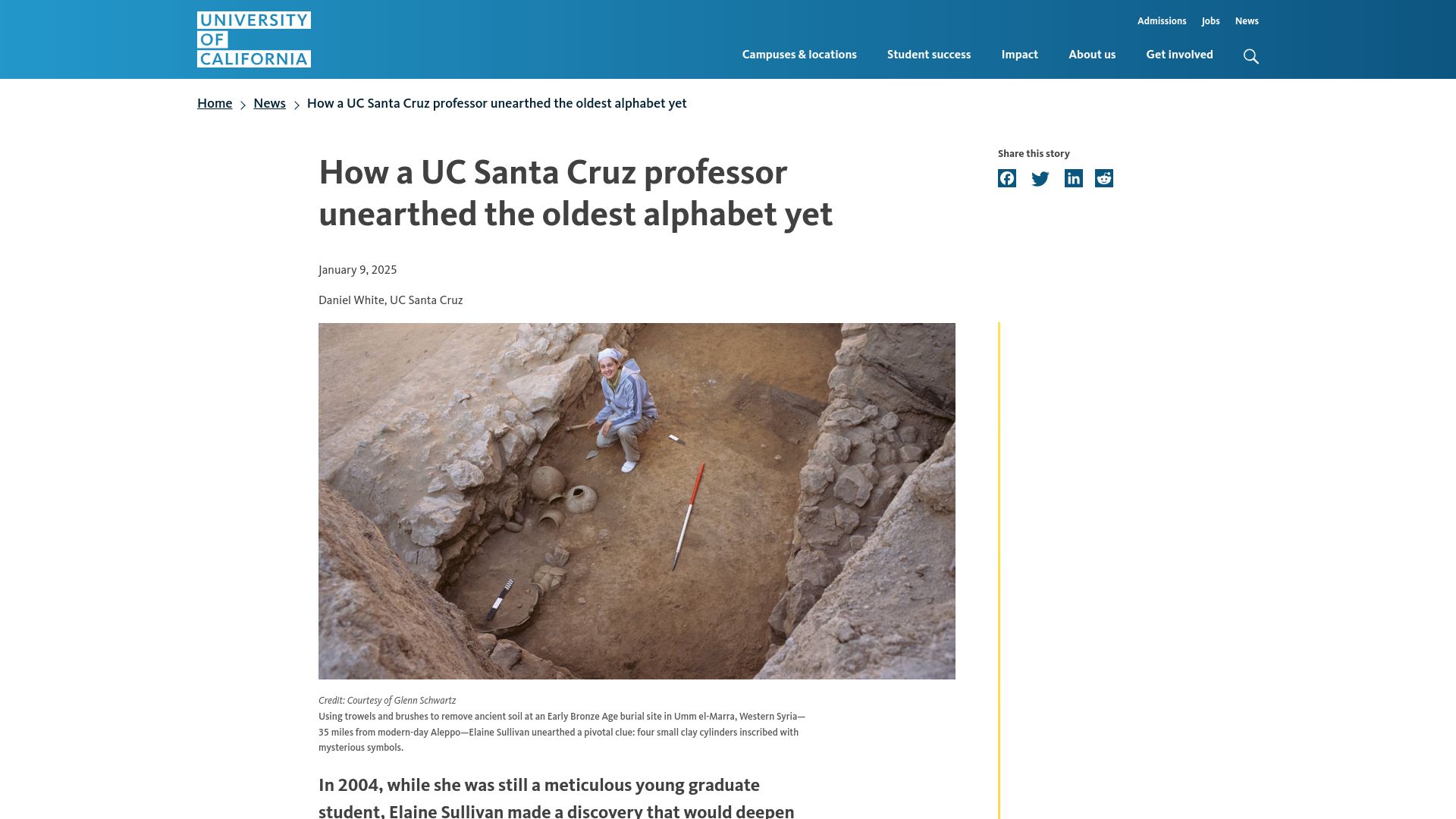 Screenshot of universityofcalifornia.edu: A UC Santa Cruz professor unearthed the oldest alphabet yet